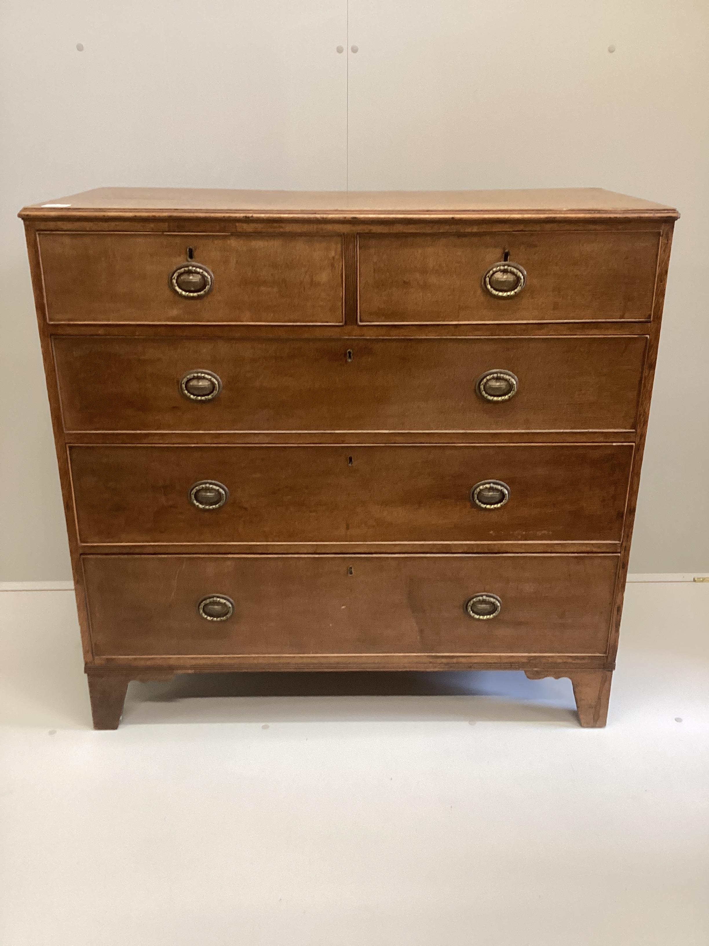 A Regency oak five drawer chest, width 107cm, depth 50cm, height 104cm